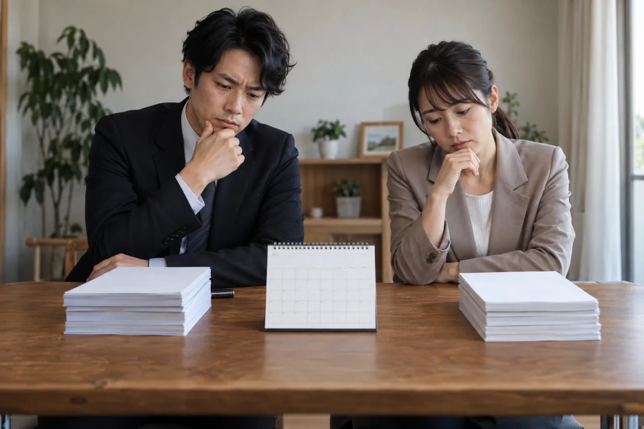 自己都合退職と会社都合退職の違いを資料で比較する日本人の男女