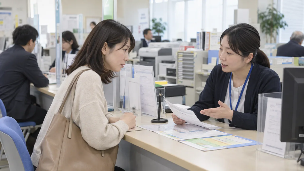 ハローワークの相談窓口で失業給付について相談する日本人女性