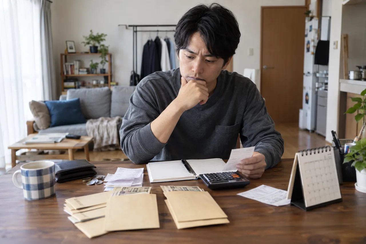 失業保険の手続きに必要な書類と通帳を整理する日本人女性