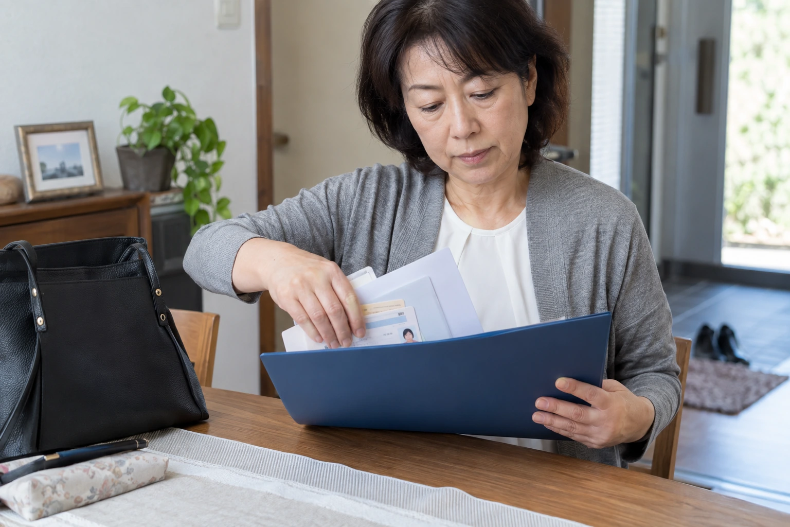離職票と本人確認書類を封筒にまとめて準備する女性