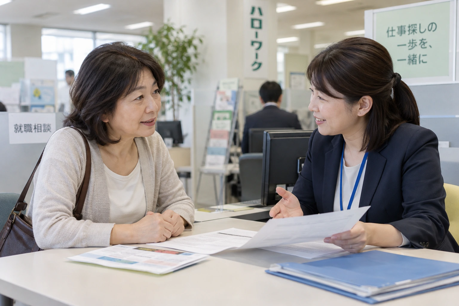 ハローワークの職業相談窓口で求職条件を伝える女性