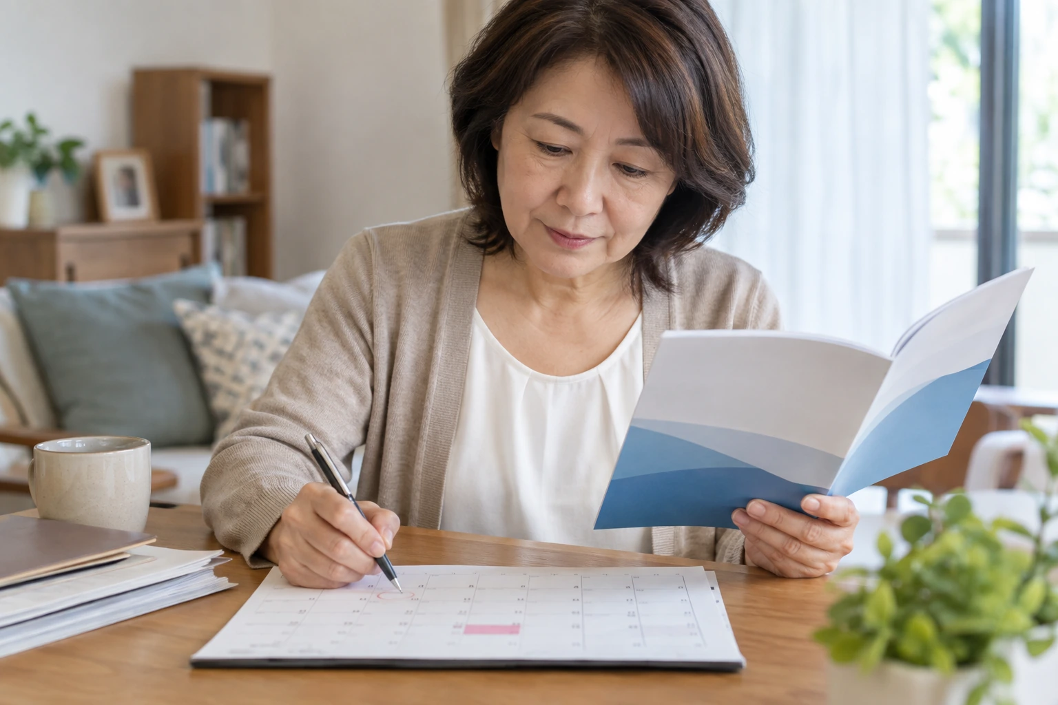 受給資格者のしおりで待期と給付制限の説明を確認する女性