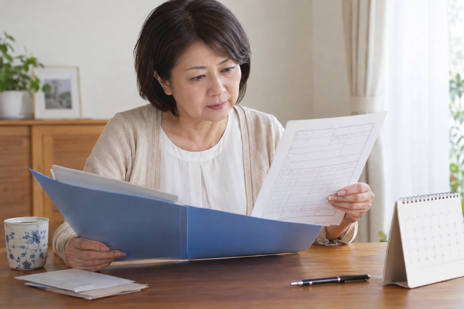 初回失業認定日に提出する書類を確認する女性