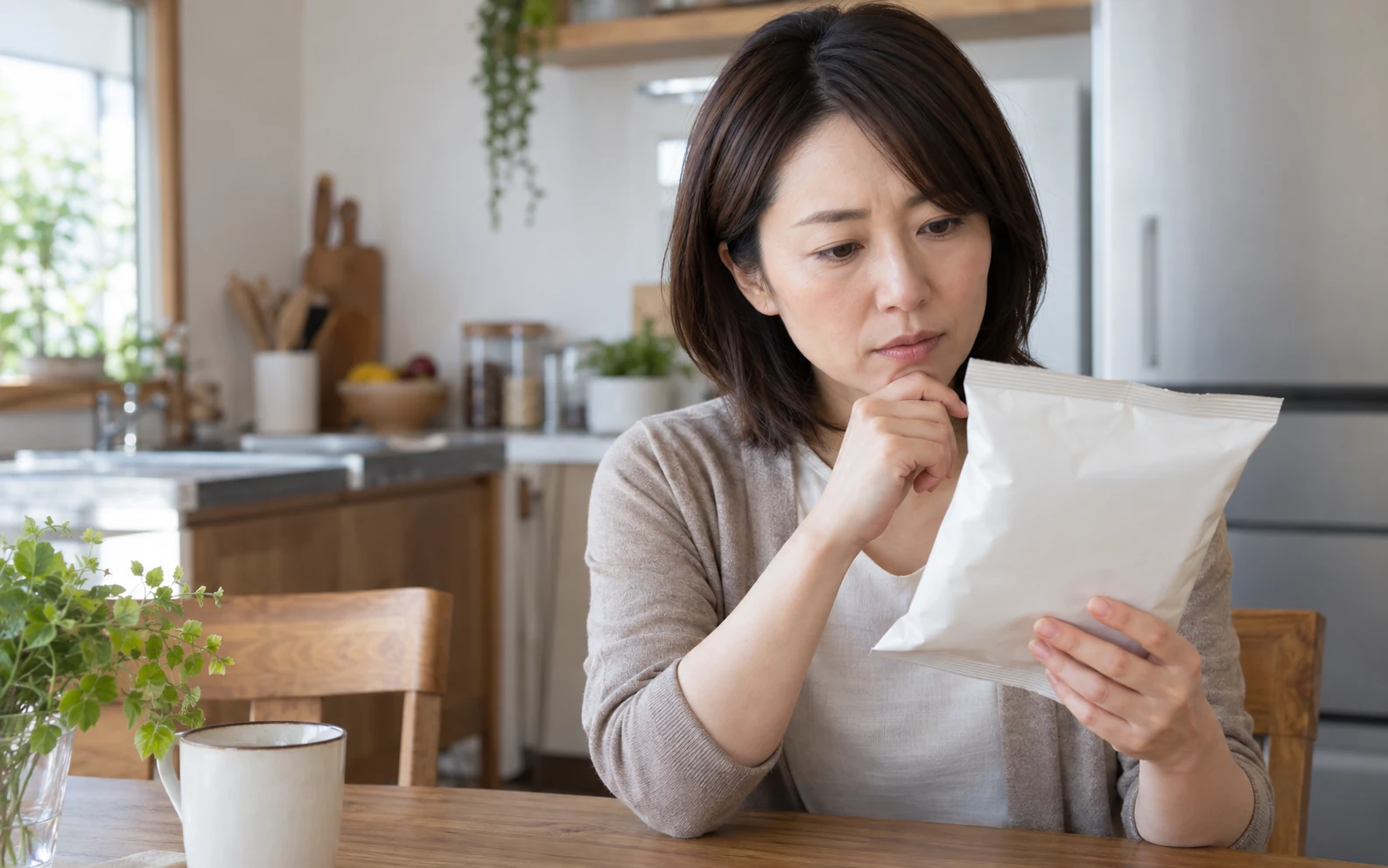 お菓子の原材料とアレルゲン表示を確認する手元