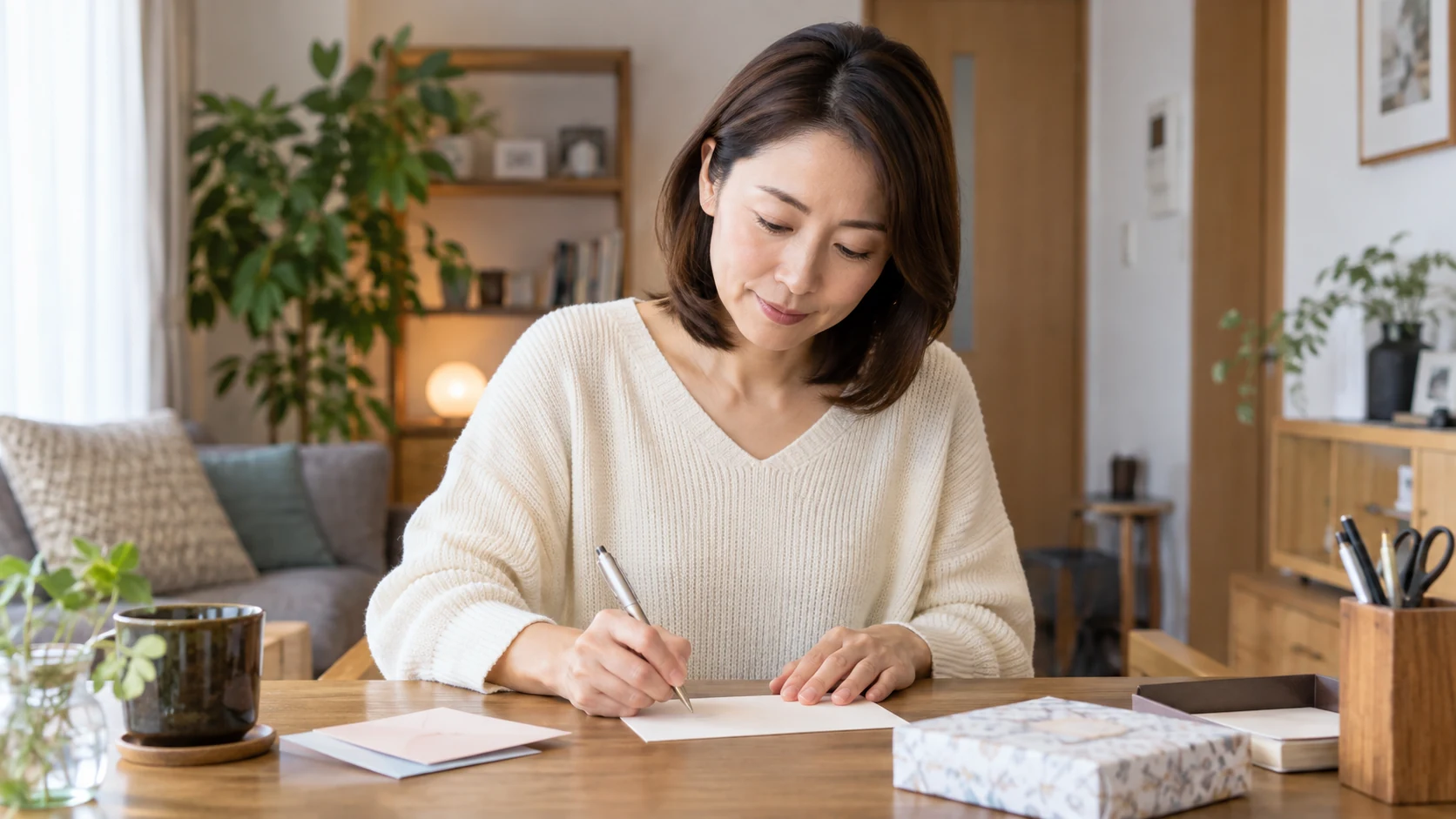 退職のお菓子を配らず挨拶カードだけを準備する日本人女性