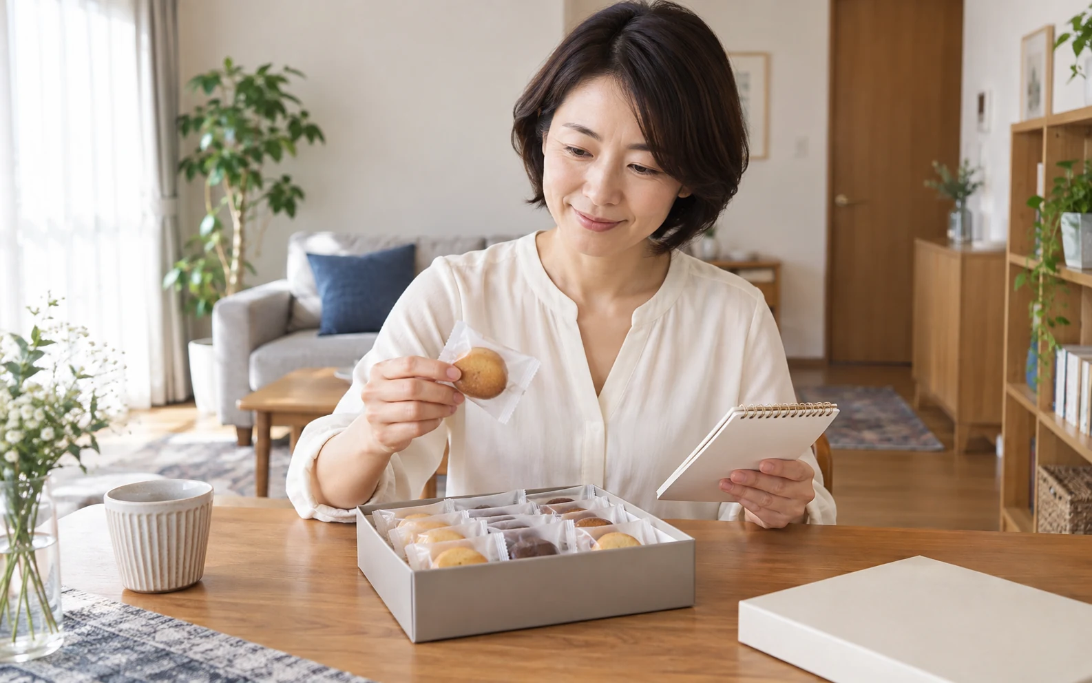 人数と予算を決めて退職のお菓子を一つ選ぶ日本人女性