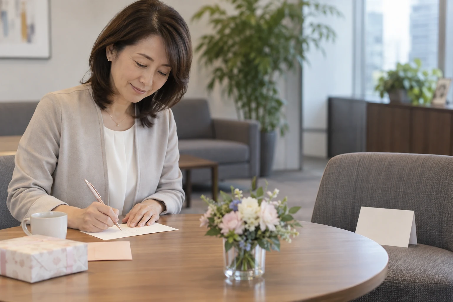 日本人女性が職場の先輩へ感謝の退職メッセージを書く