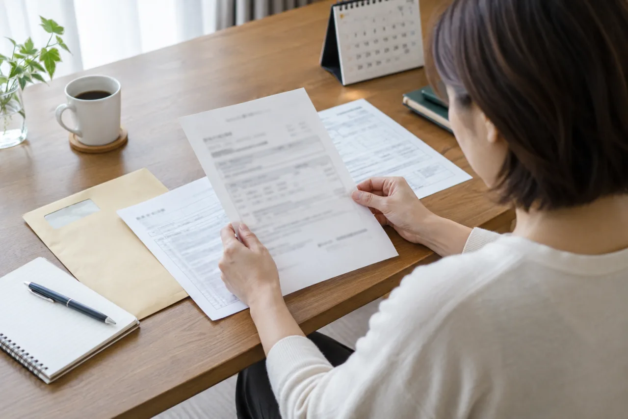 日本人女性が離職後に失業給付の書類を確認している