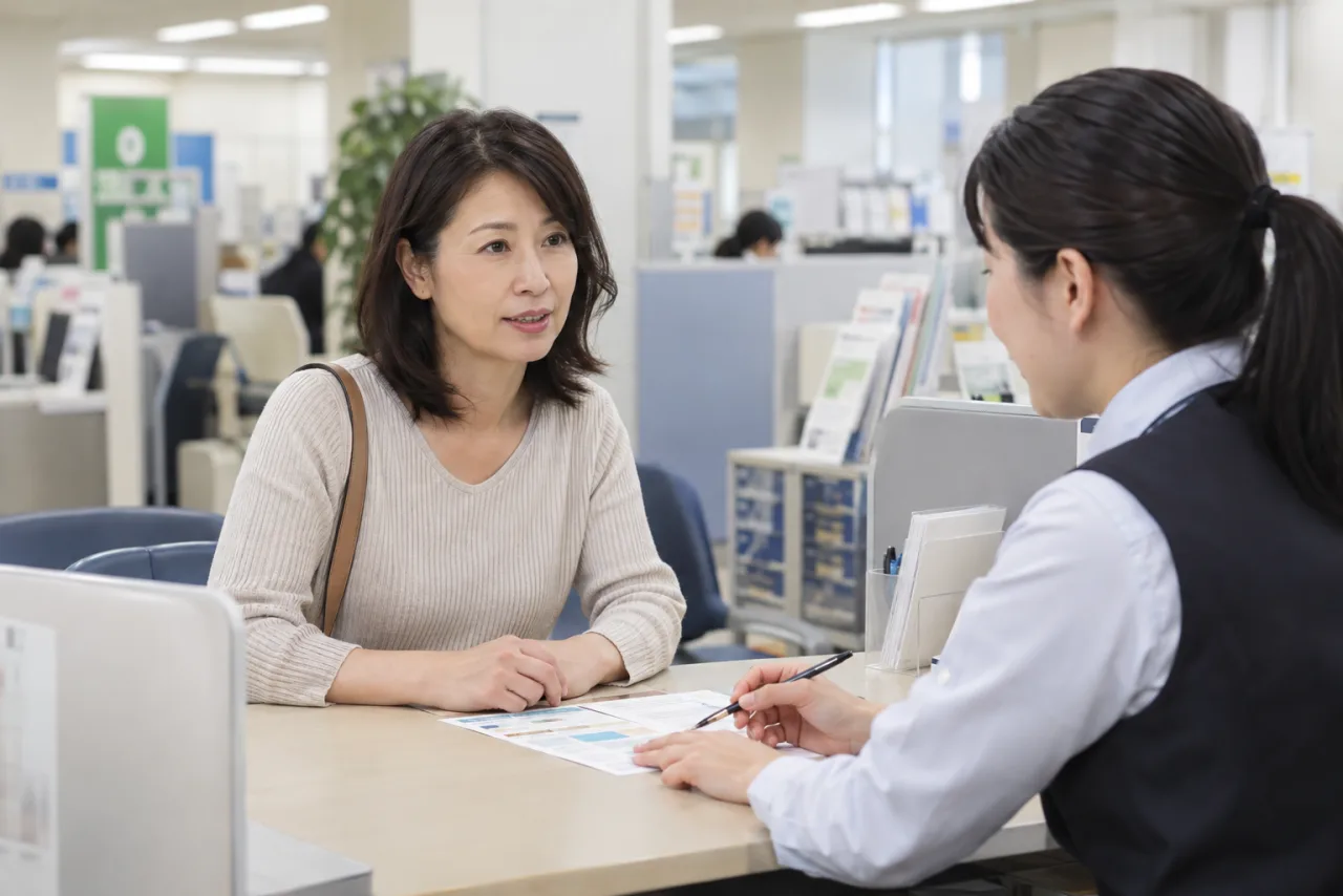 日本人女性が離職票や雇用保険の書類を机で確認している