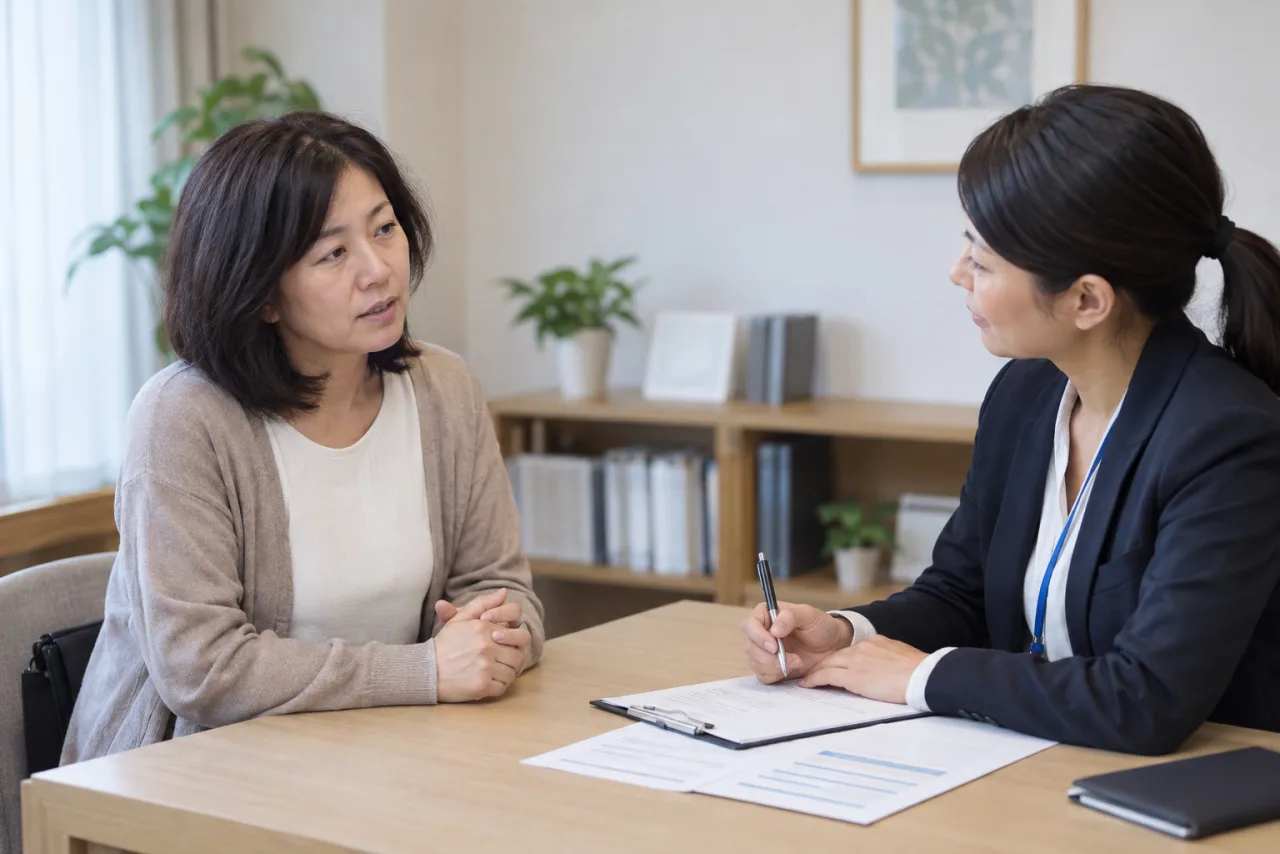 日本人女性が失業給付の申請に必要な書類と持ち物をチェックしている
