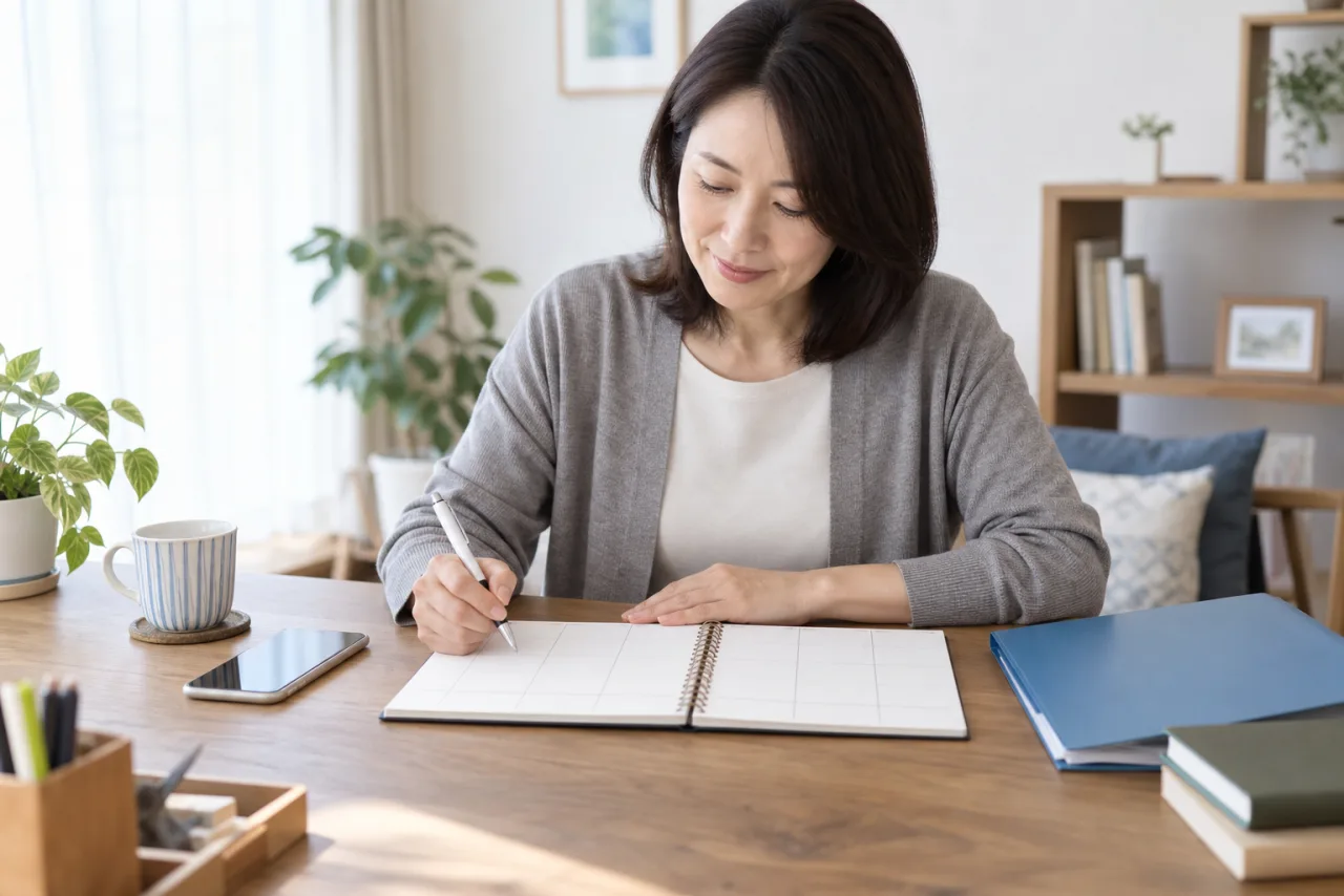 日本人女性が失業給付の手続きと求職活動を一週間の予定表に整理している