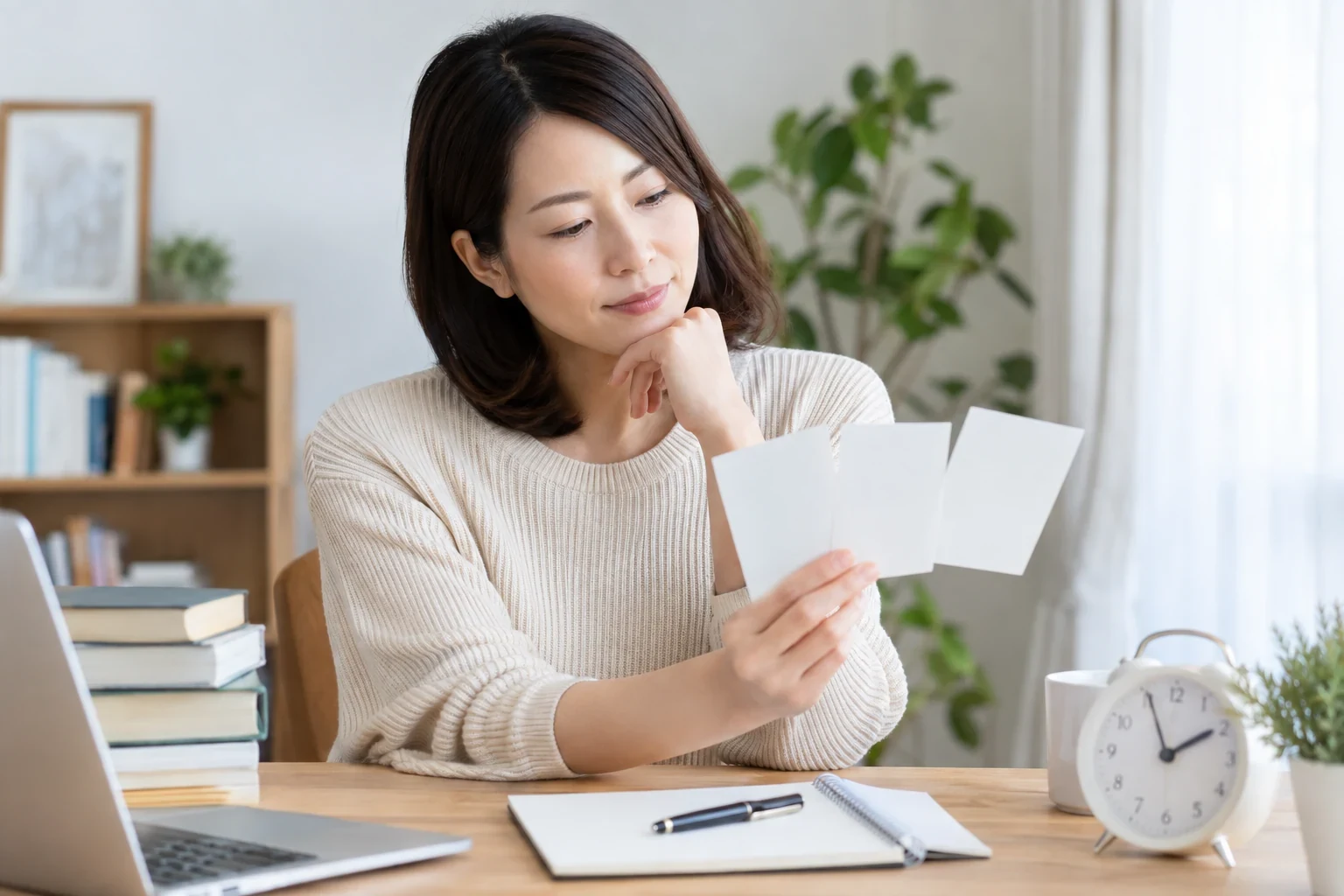日本人女性が自己都合退職の支給率と退職金の計算条件を表で確認している様子