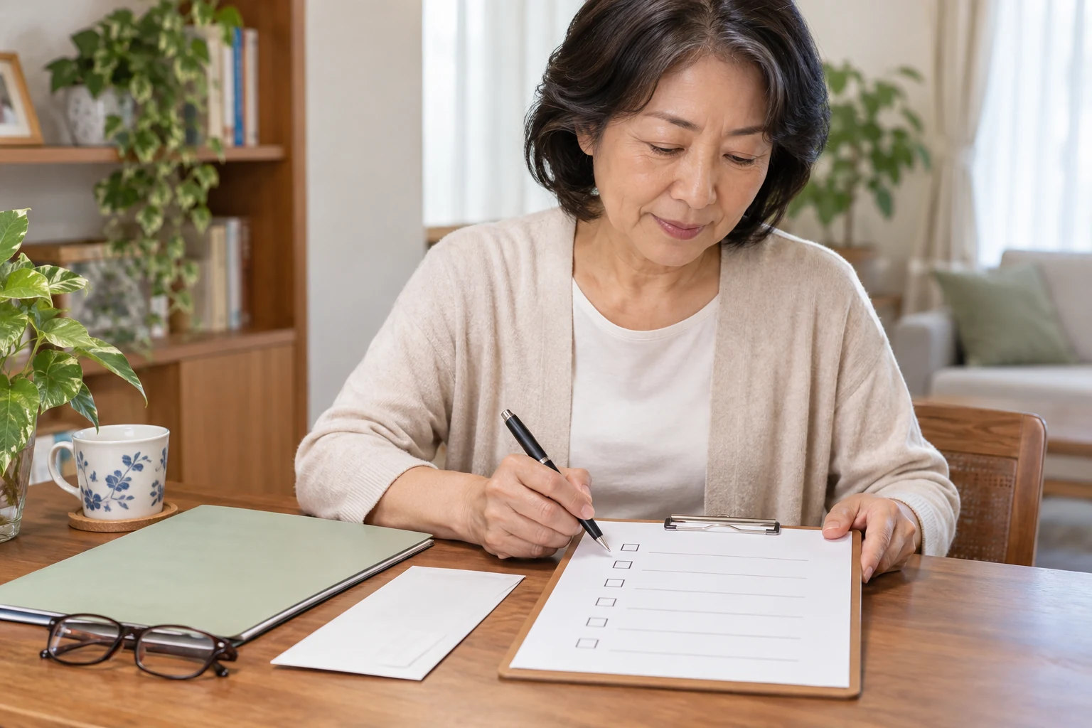 日本人女性が教育訓練給付金の申込み前チェックリストを確認する