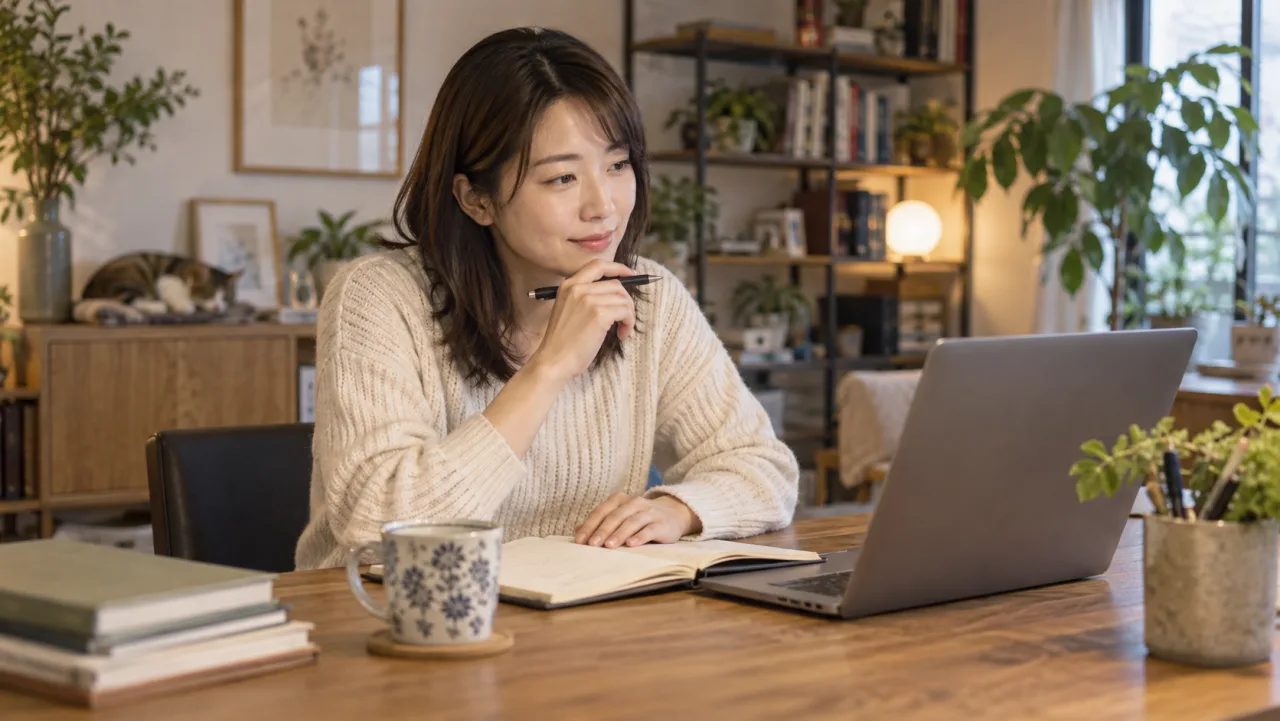 日本人女性が宅建を学ぶ目的と使える時間をノートに整理している様子