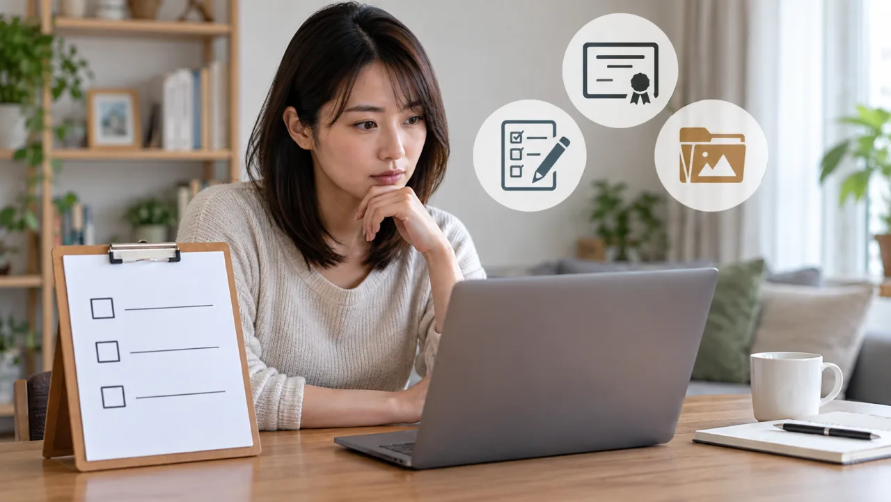 日本人女性が宅建通信講座の形式と費用と学習時間を条件別に比較している様子