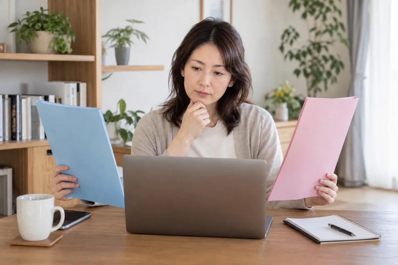 簿記3級の独学と講座を教材とノートで比べる日本人女性
