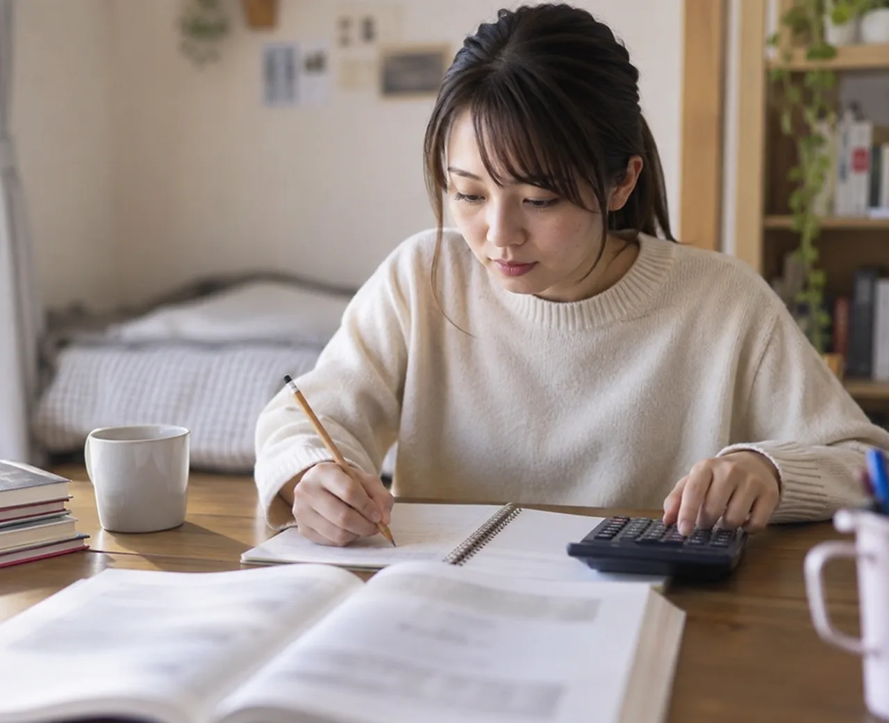 簿記3級の仕訳をノートと電卓で練習する日本人女性