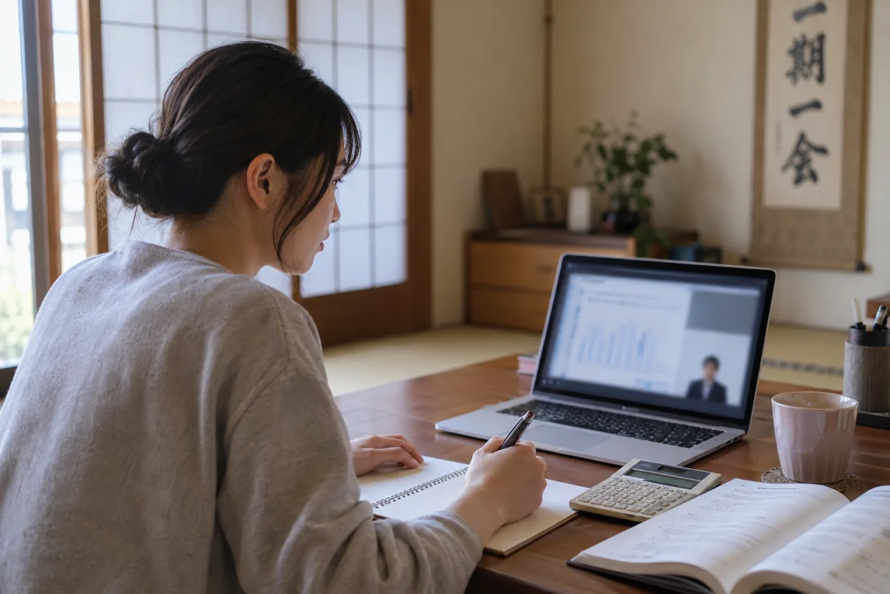 オンライン講座で簿記3級の解説を受ける日本人女性