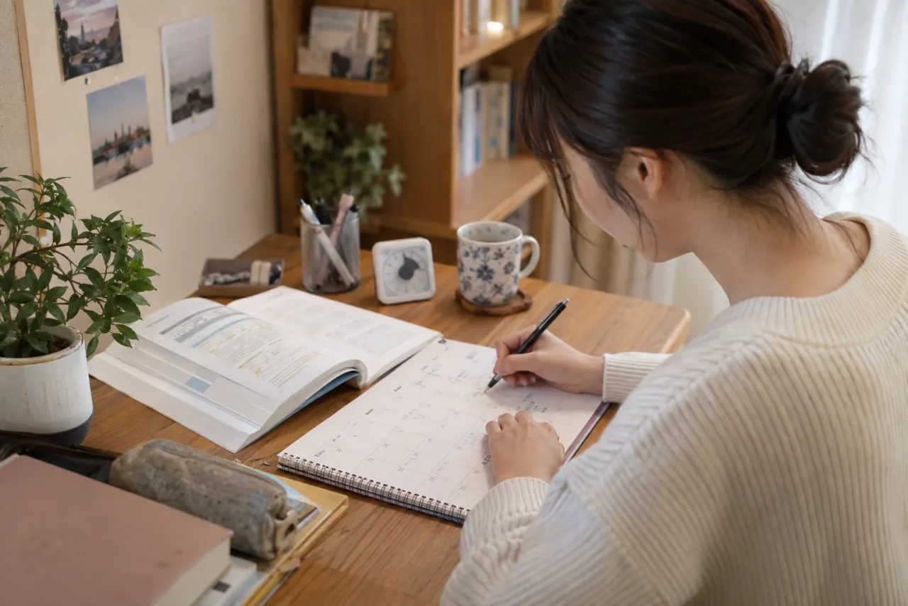 簿記3級の週間学習計画をカレンダーに書き込む日本人女性