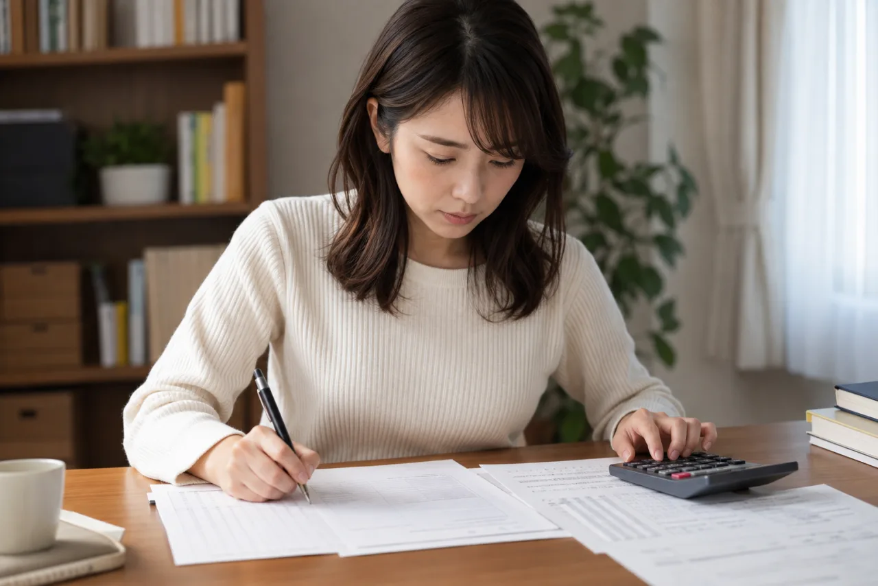 簿記3級の練習問題を解き答え合わせをする日本人女性