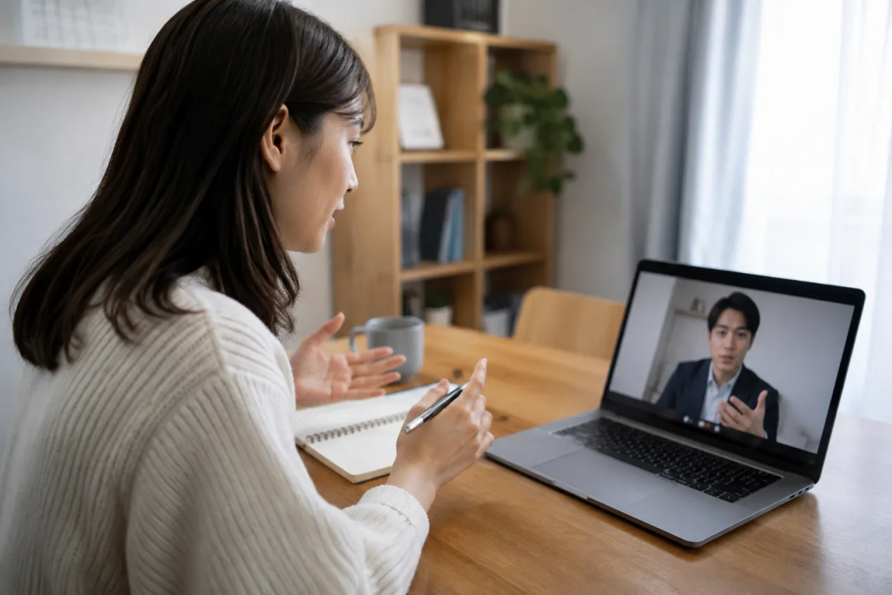 簿記3級の学習中に講師へ質問するオンライン画面