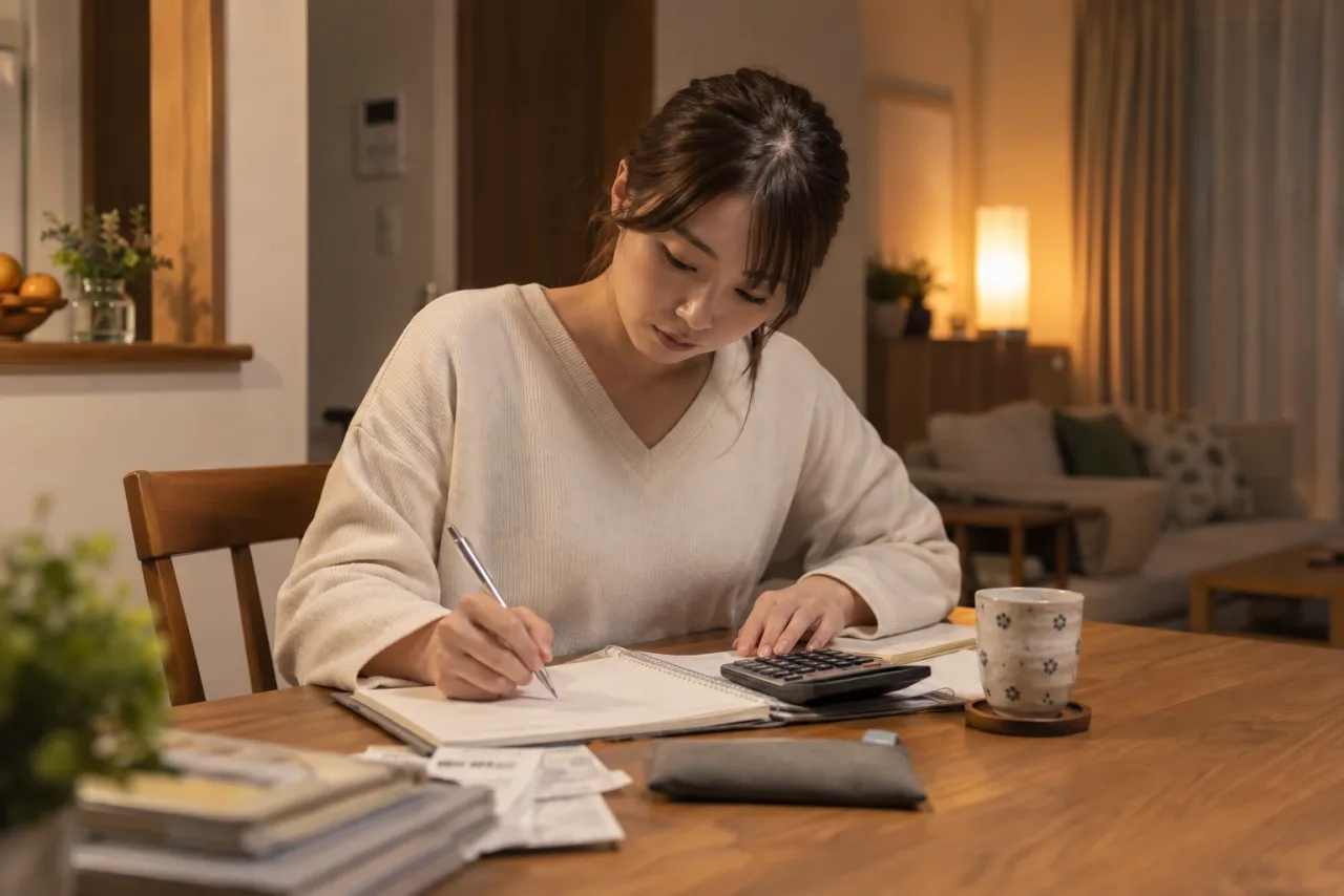 仕事帰りに簿記3級の勉強を続ける日本人女性