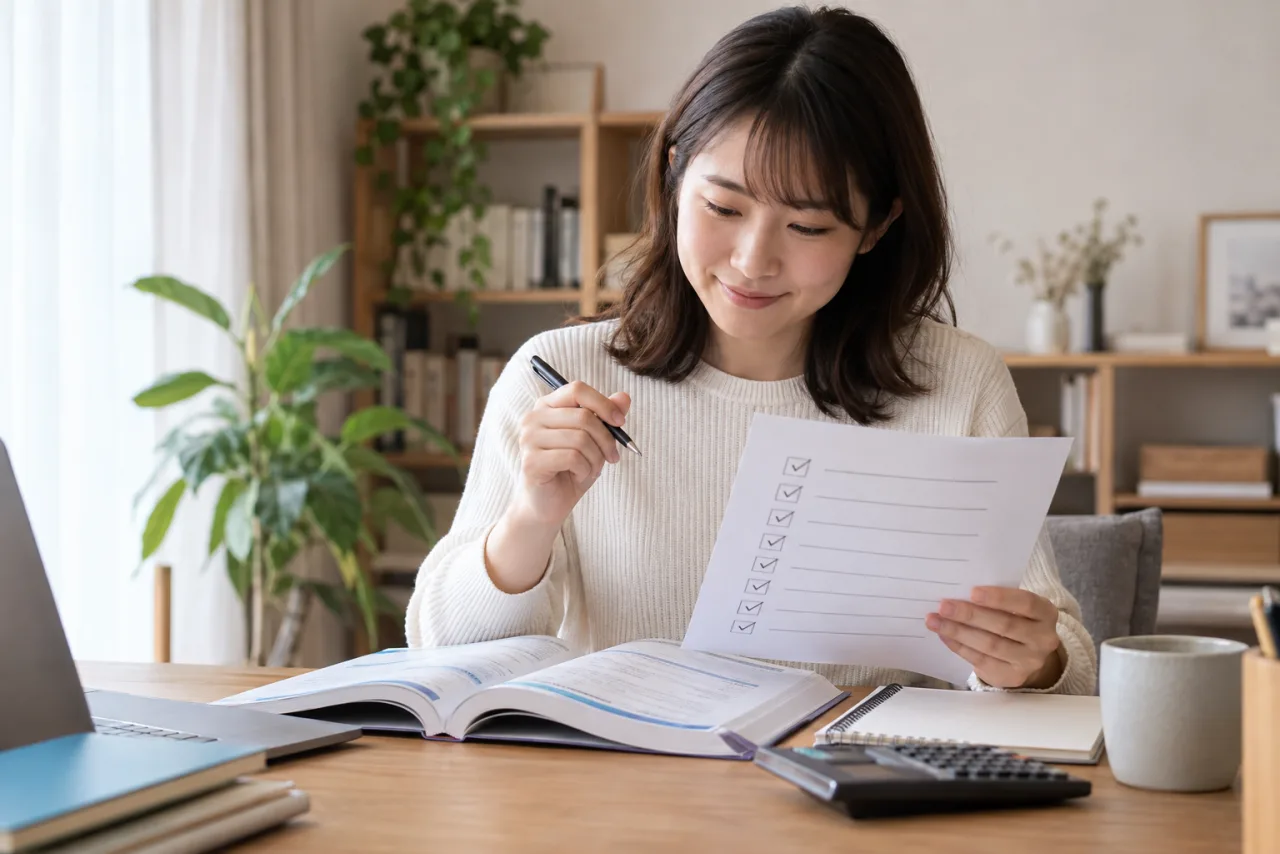 簿記3級の受験前チェックリストを確認する日本人女性