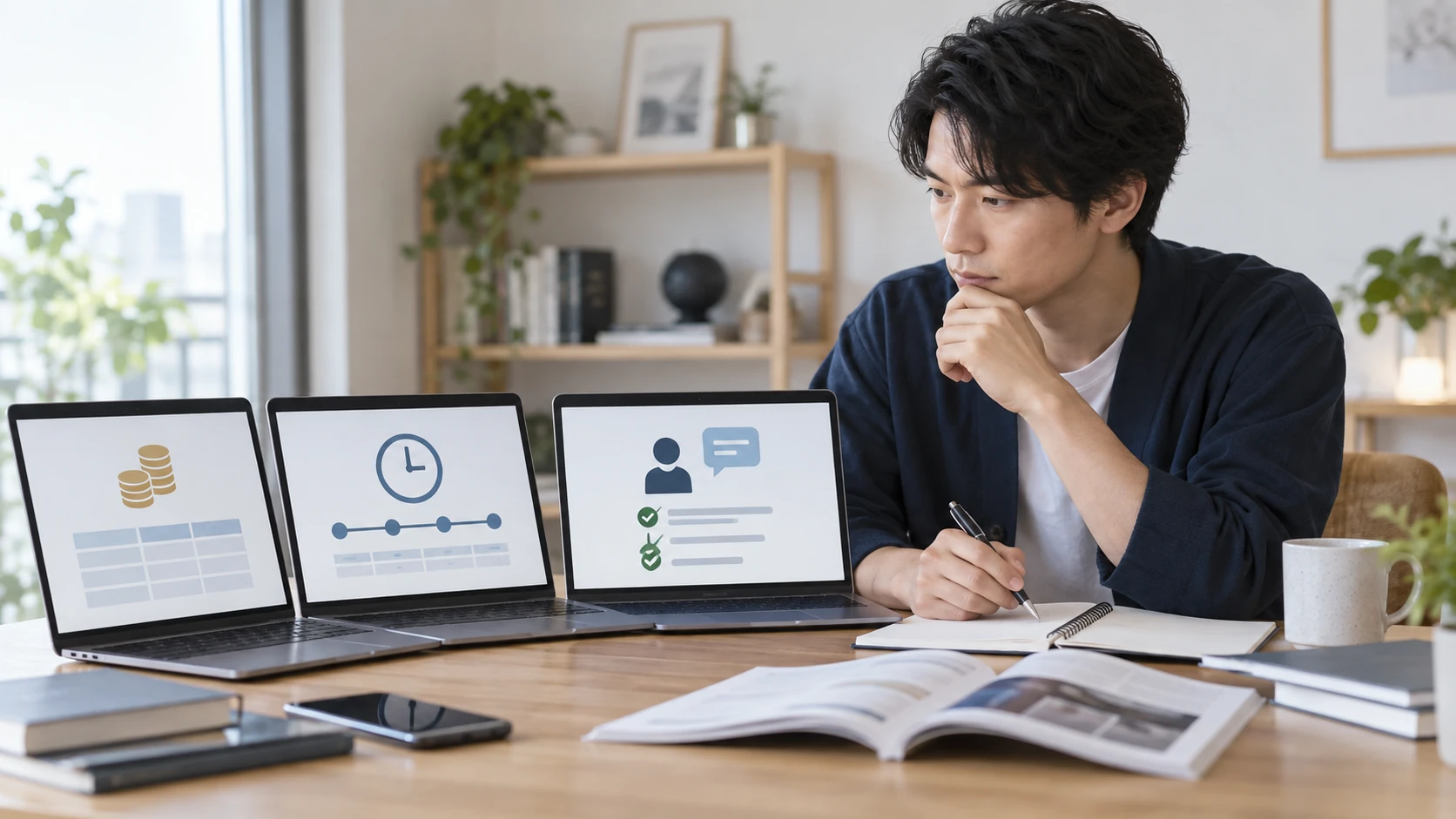プログラミング学習の費用と期間と支援内容を比較している様子
