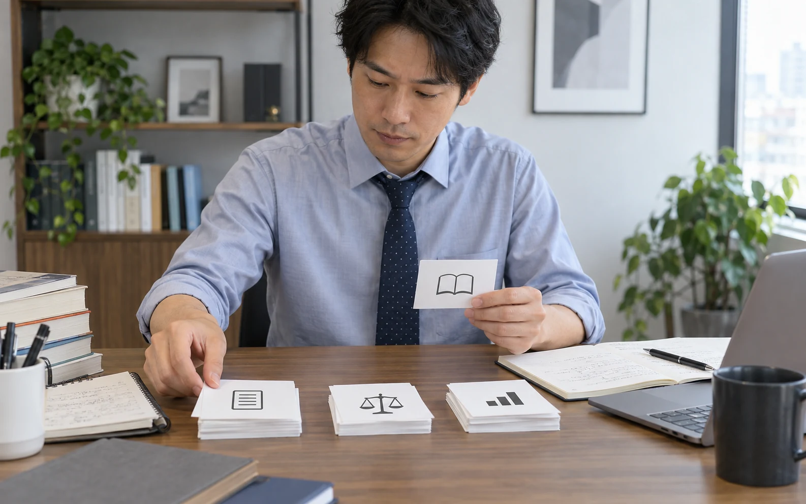 会社員が簿記2級の学習で仕訳と決算と工業簿記のつまずきをノートに分けている様子
