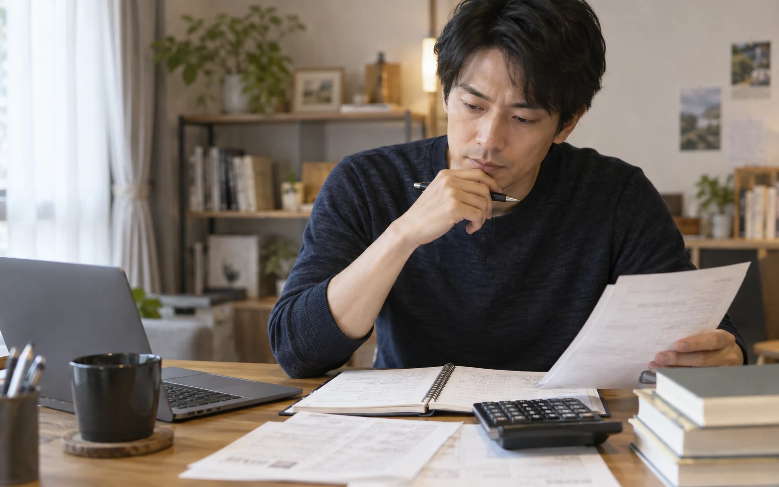 会社員が簿記3級の仕訳と決算問題を解いて理解度をチェックしている様子