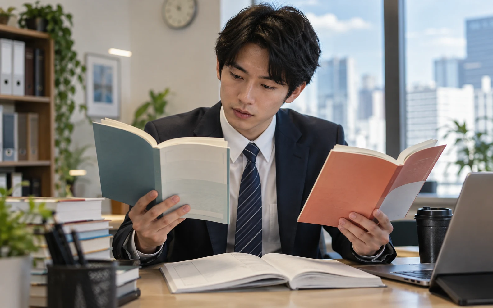 会社員が簿記2級の教材と問題集と出題範囲を確認して学習計画を調整している様子