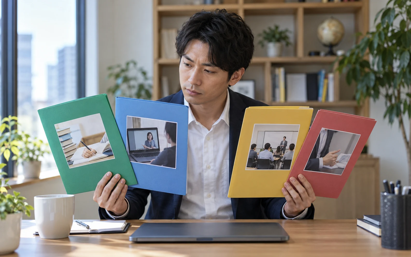 会社員が独学と通信講座と通学講座の質問方法と学習時間を比較している様子