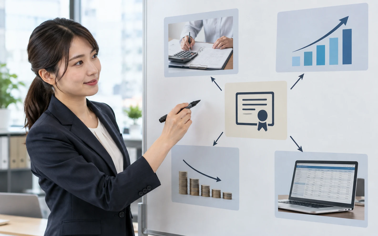 会社員が簿記2級の合格後に使える業務と追加で必要な実務経験を表に整理している様子