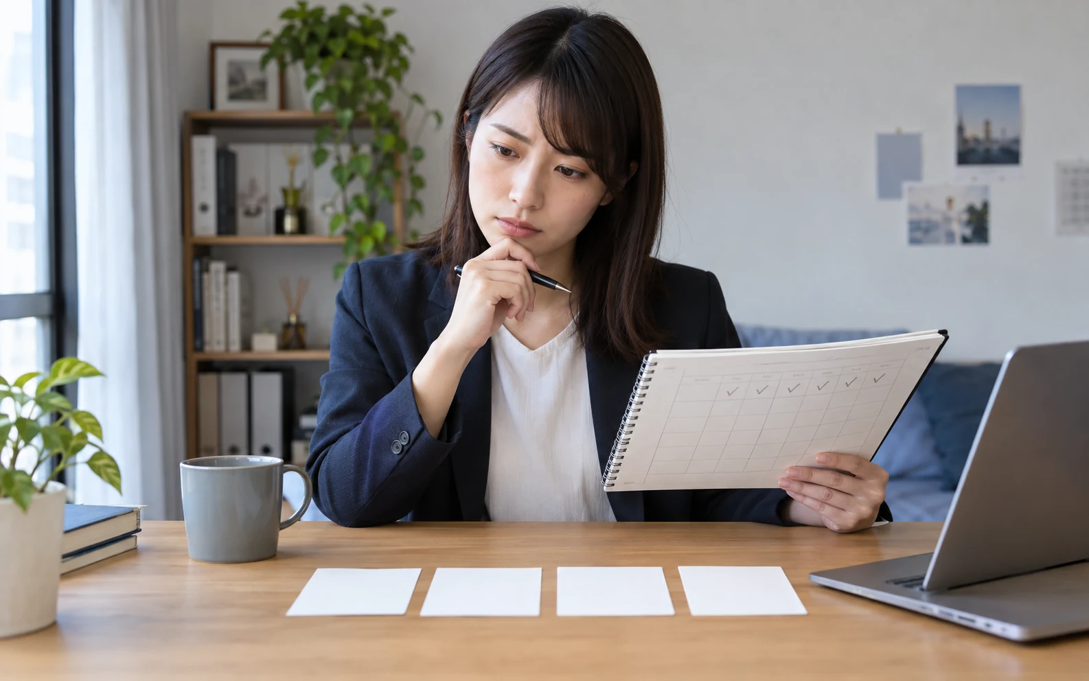 会社員が簿記2級の独学1週間の記録を見返し継続か講座か延期かを判断している様子