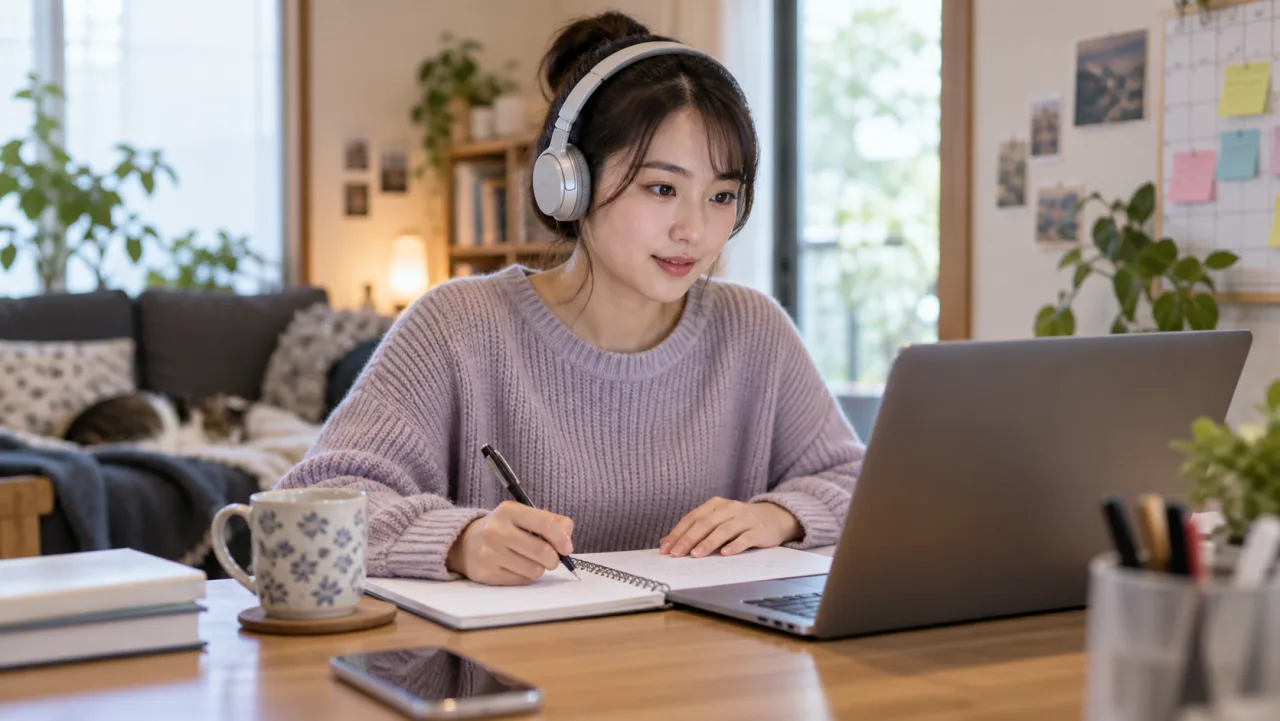 日本人女性が無料講座と有料講座の内容を二つのフォルダーで比較している様子