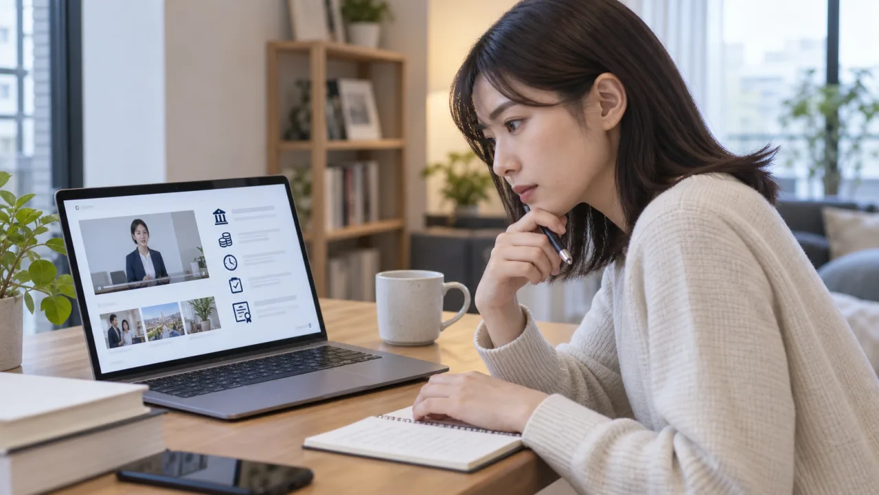 日本人女性がオンライン講座の修了条件と認定証の有無をチェックしている様子