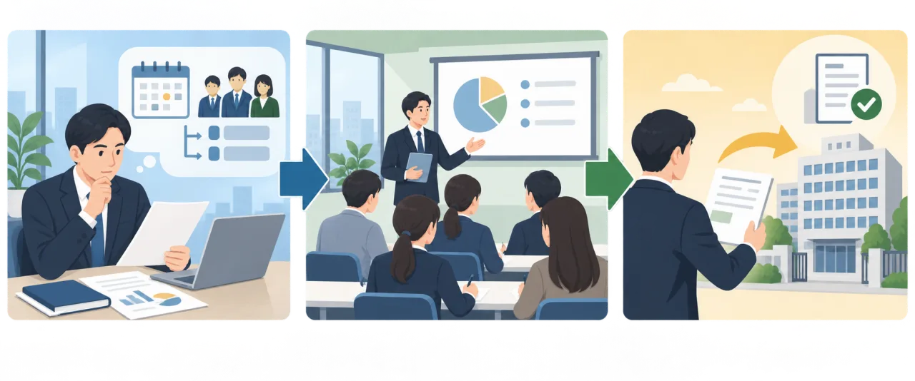 会社が従業員の訓練計画を作り受講と申請を進める流れの図