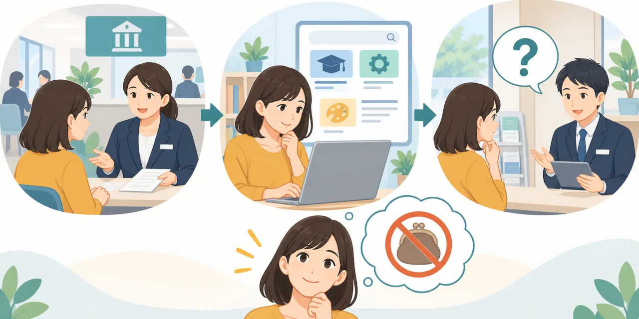 日本人の一人暮らしの会社員が公的な相談窓口と講座検索を確認している場面