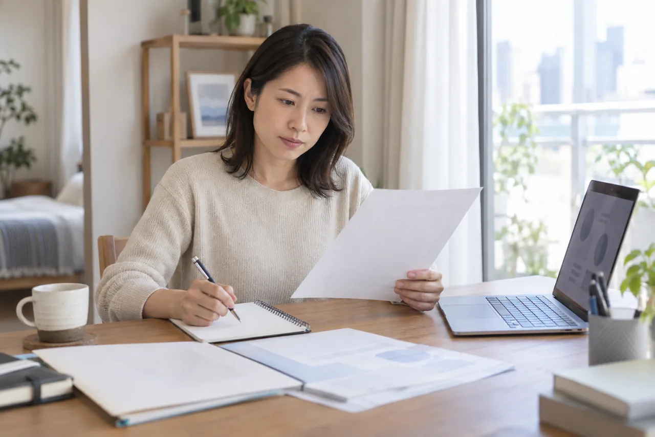 一人暮らしの日本人会社員が指定講座と雇用保険の要件を確認している場面