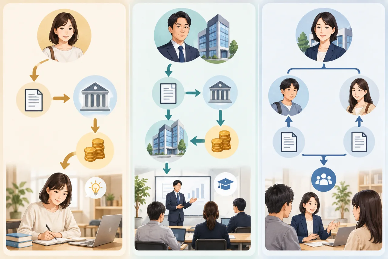 個人向け給付金と会社向け助成金と事業者経由の支援を分けて確認する全体図