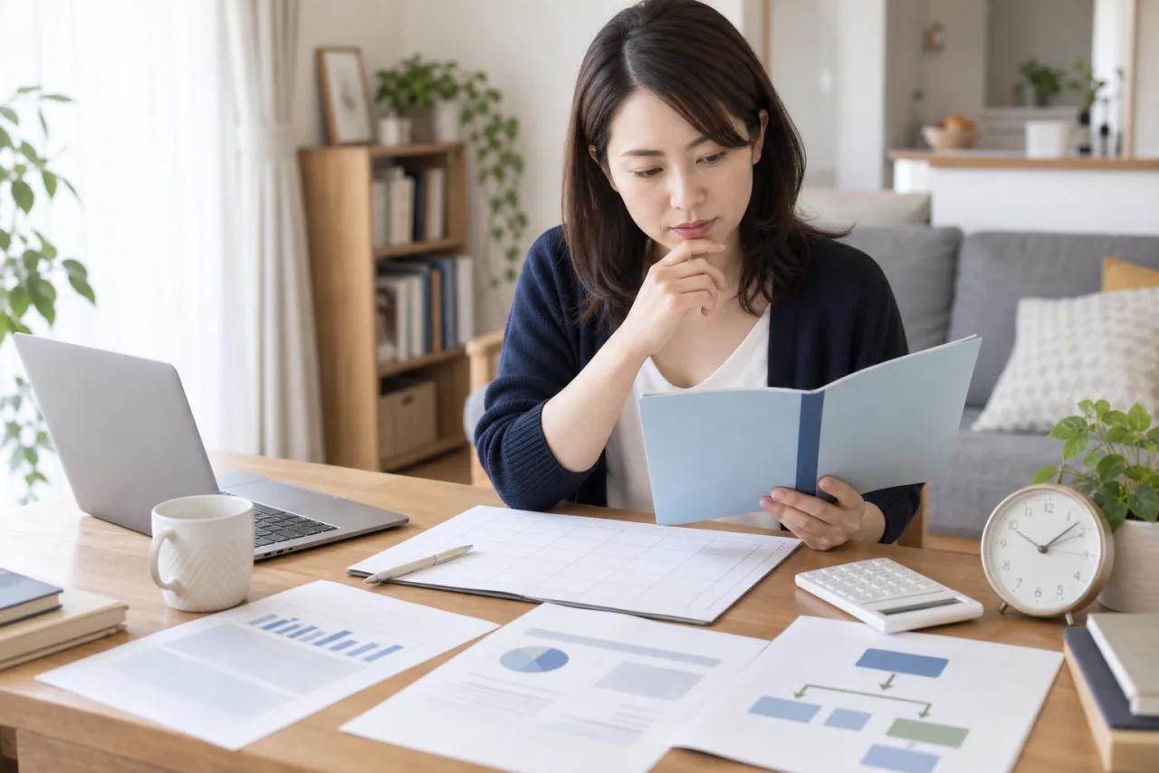 日本人会社員が就業規則と講座の受講時間や費用負担を照合している場面