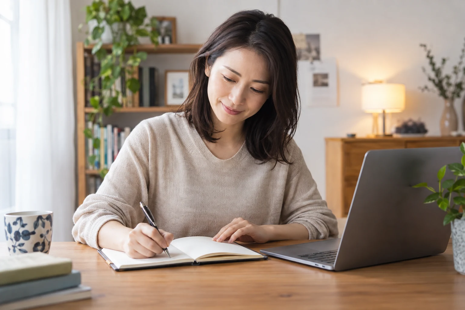 学びたい分野と受講目的をノートに整理している女性