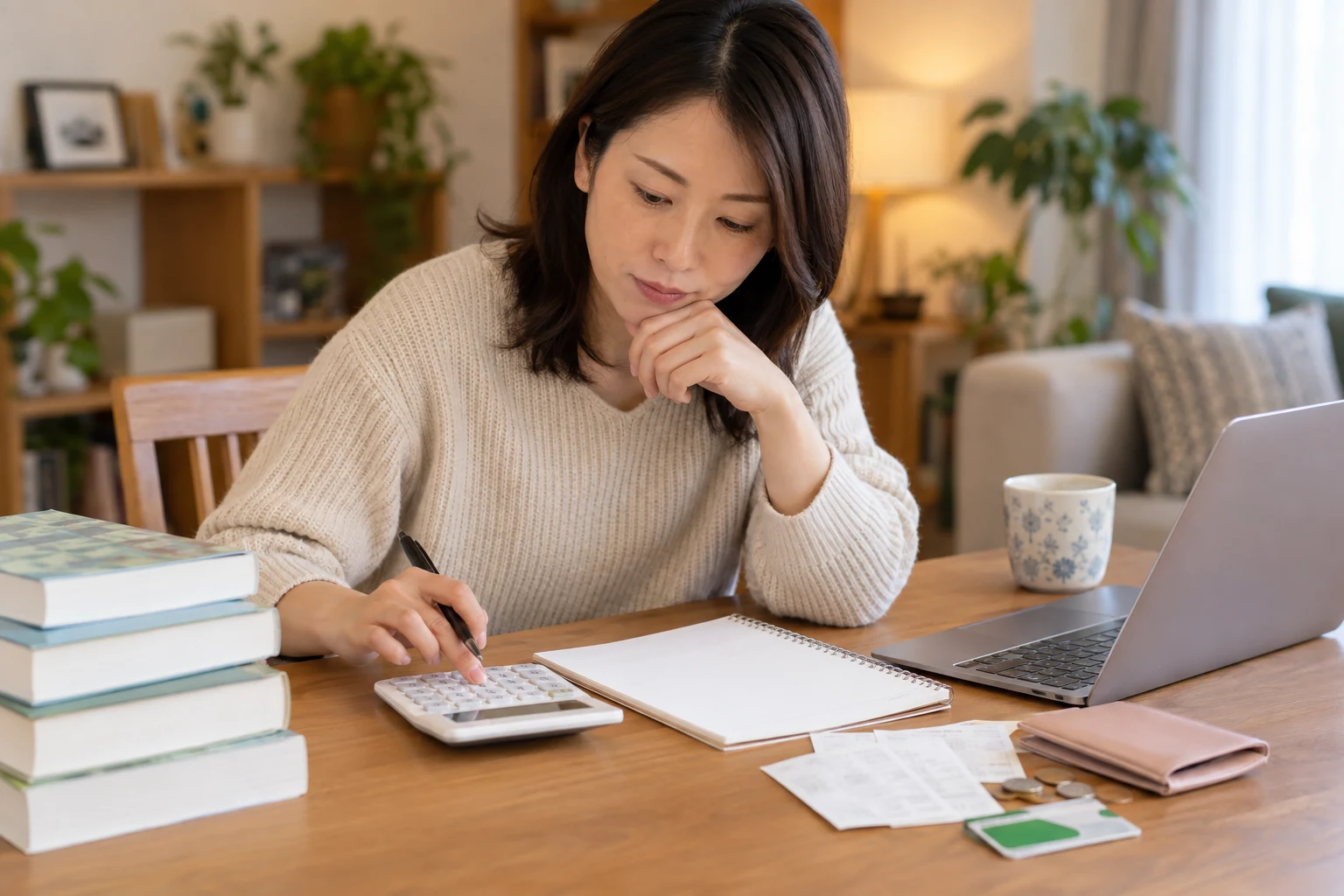 教育訓練給付金の対象講座で受講料と教材費を計算している女性
