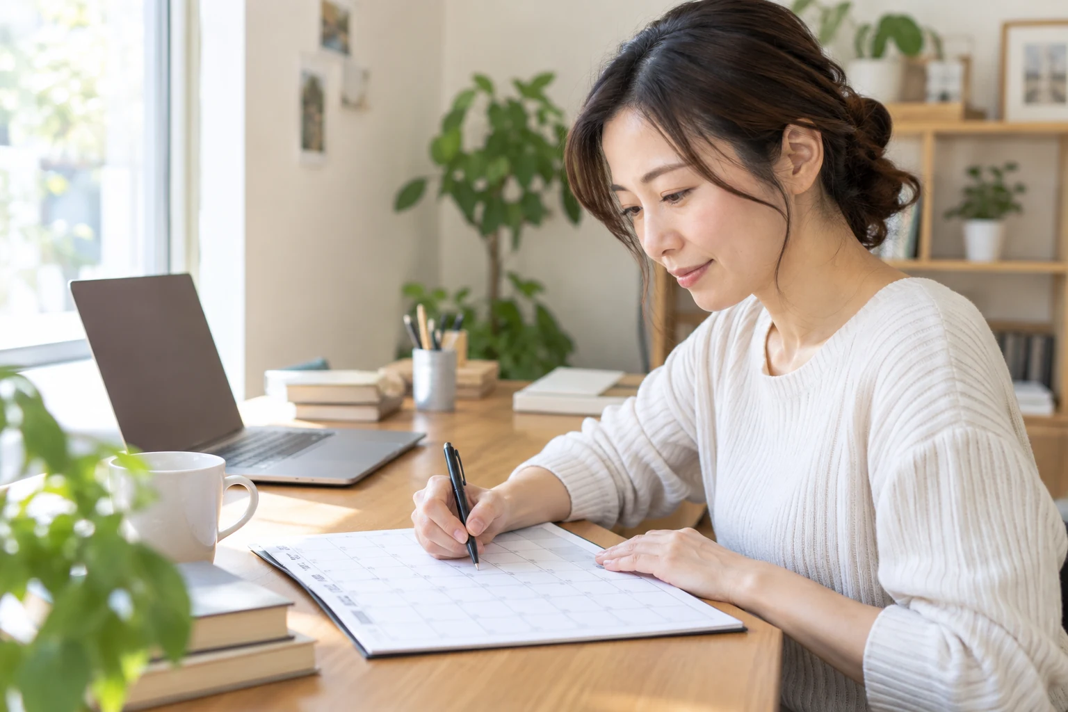 仕事と講座の授業時間や課題の予定をカレンダーで確認している女性