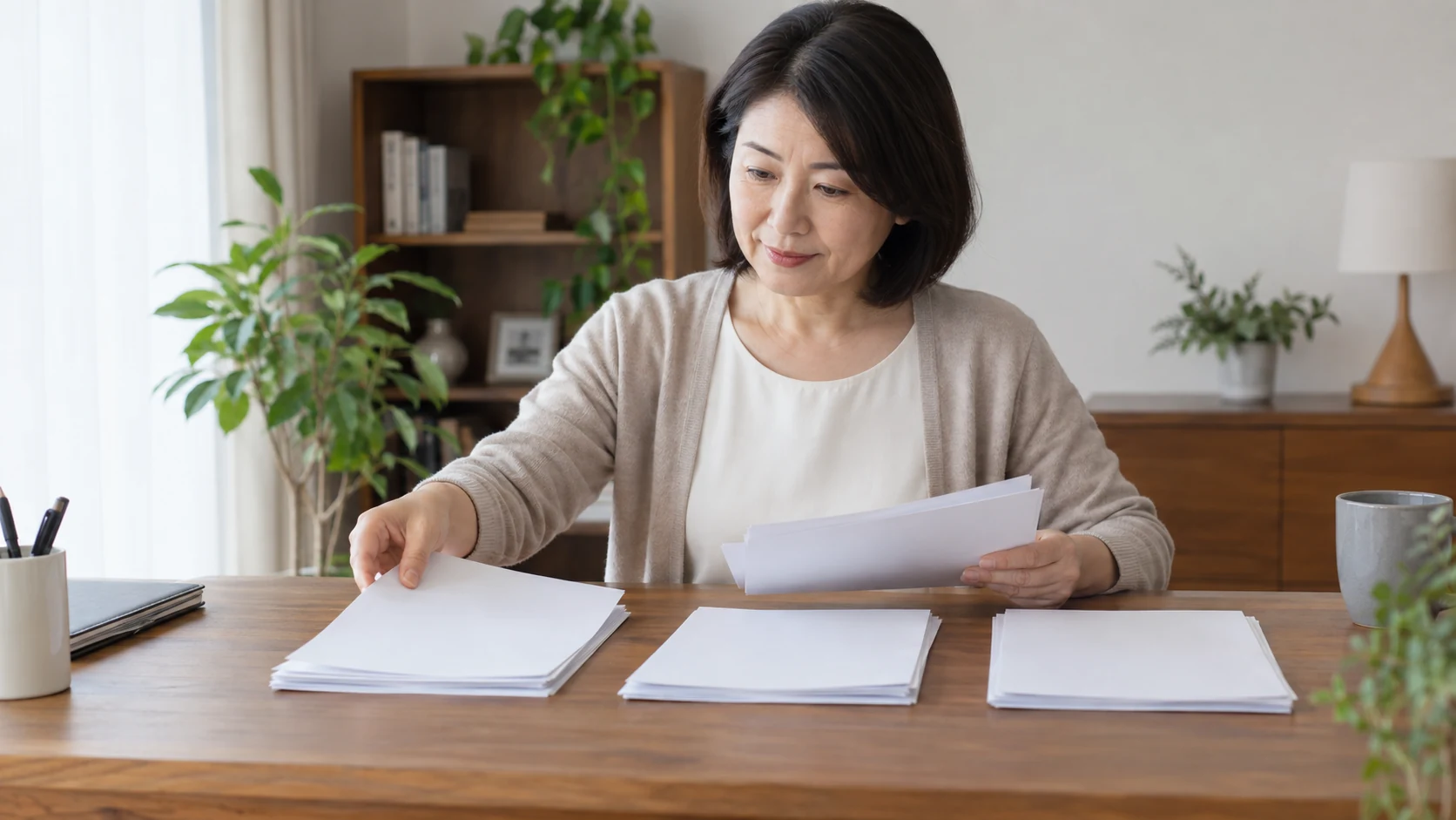 教育訓練給付金の申請書類を机に並べる様子