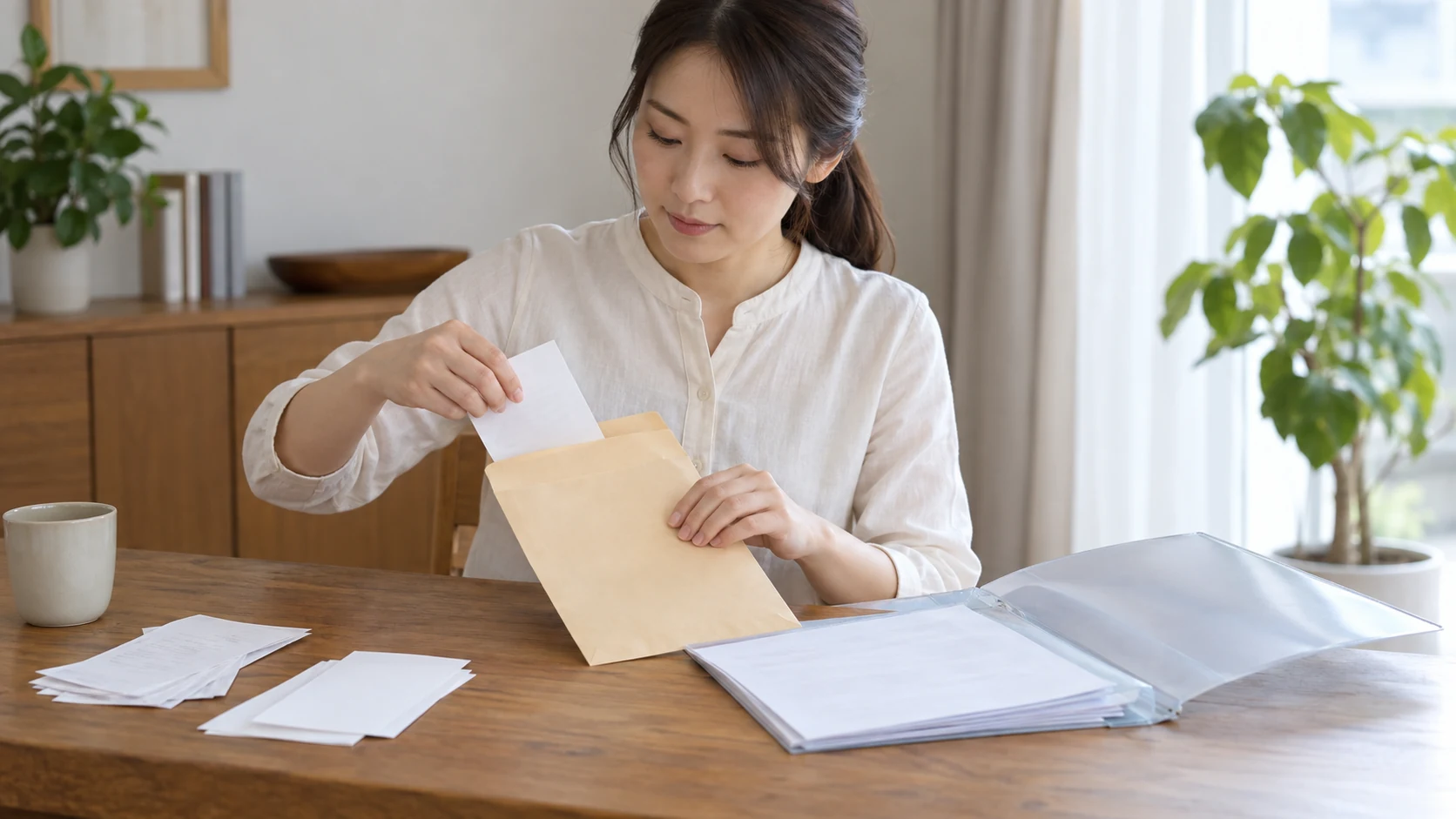 領収書と修了証明書を封筒へ整理する様子