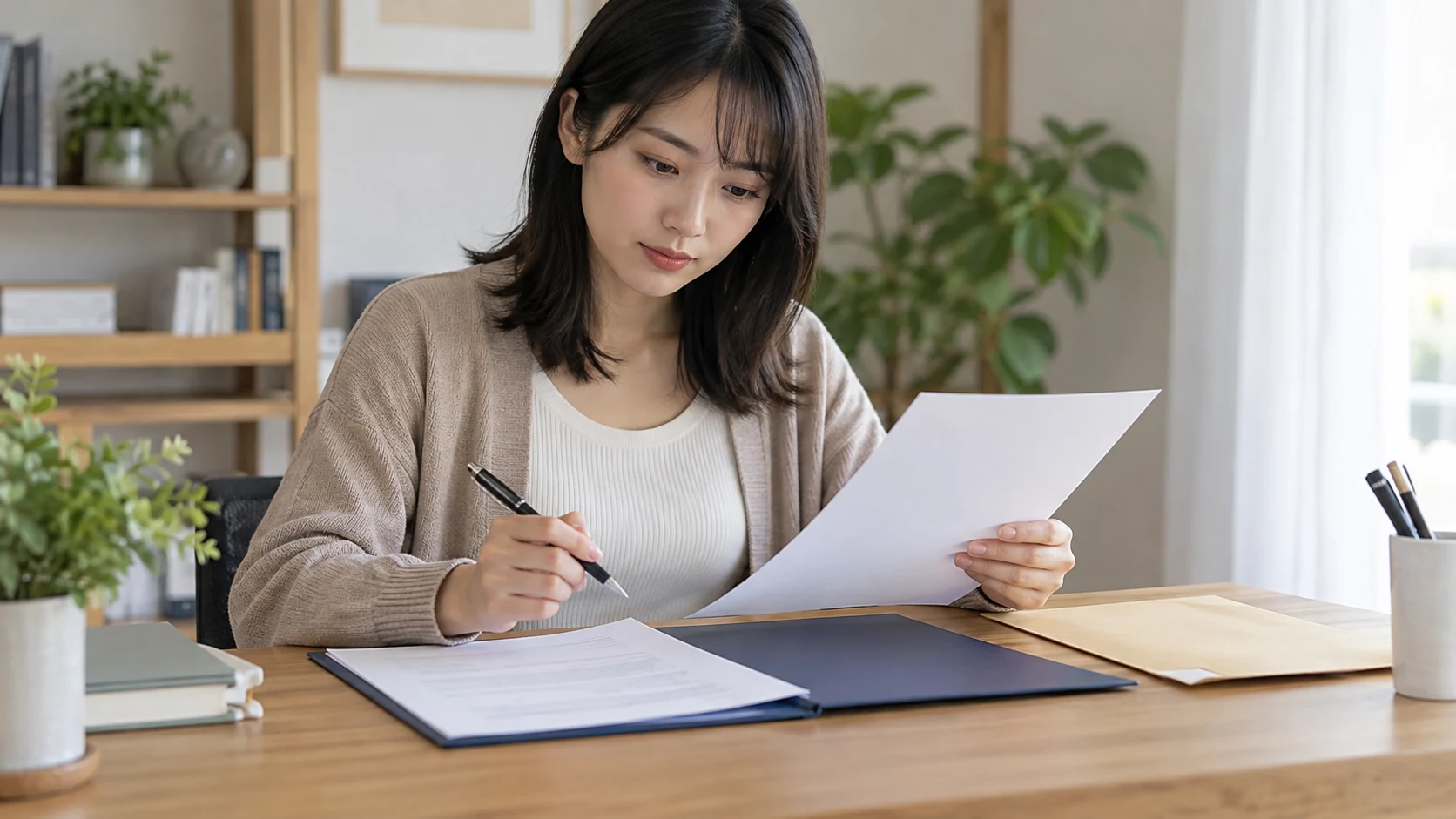 教育訓練給付金の申請書類を提出前に確認する様子