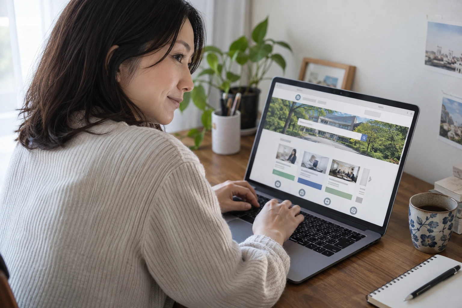 公的な学び直し情報をオンラインで検索する女性