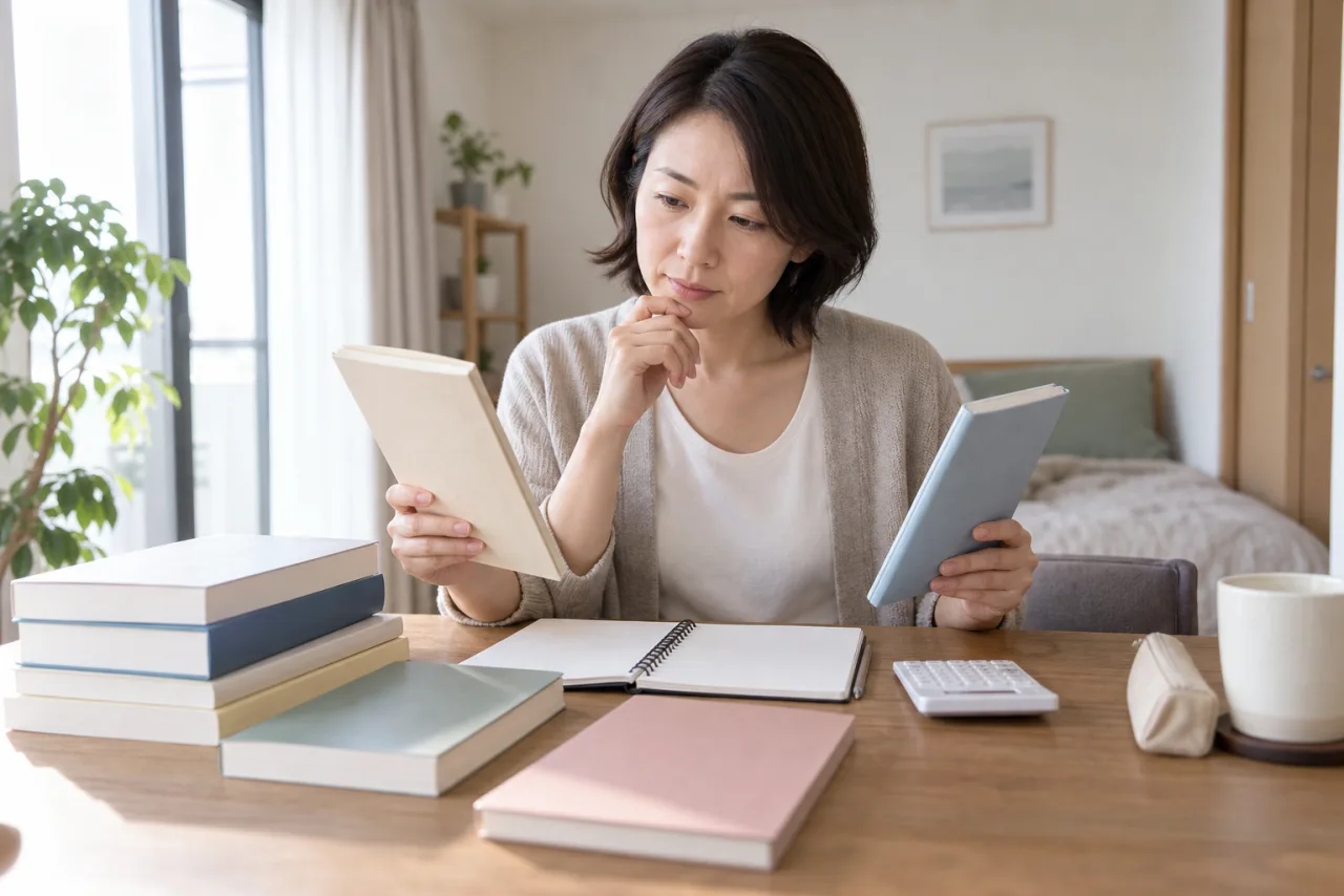 日本人女性が宅建のテキストと問題集と学習費用を整理している