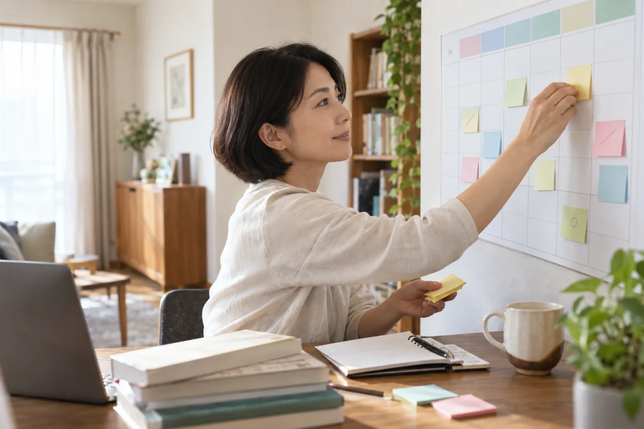 日本人女性が宅建の独学を始める一週間の行動計画を立てている